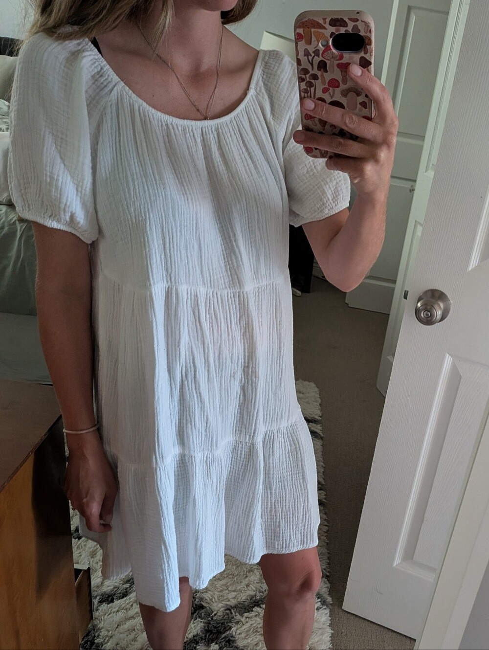 Cotton Gauze White Tiered Short Sleeve Dress